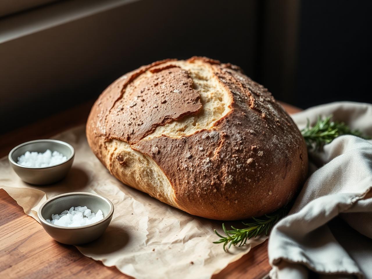 Rustic sourdough loaf with sea salt and rosemary