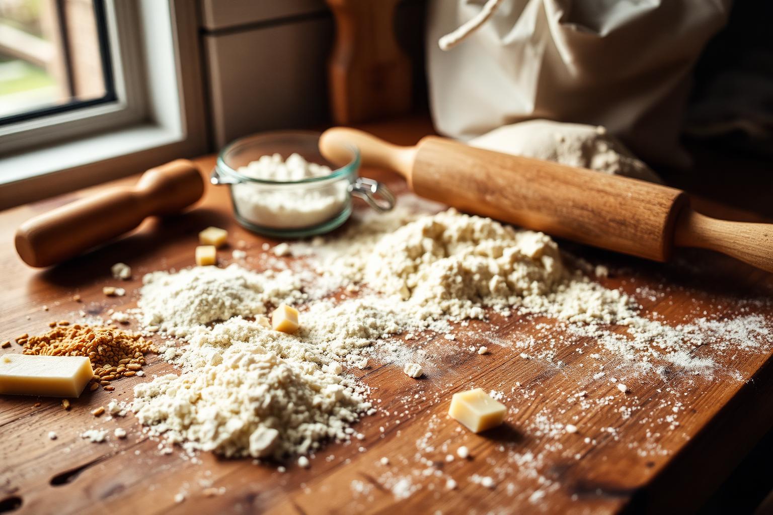 Raw flours and dough on a wooden prep surface with a rolling pin