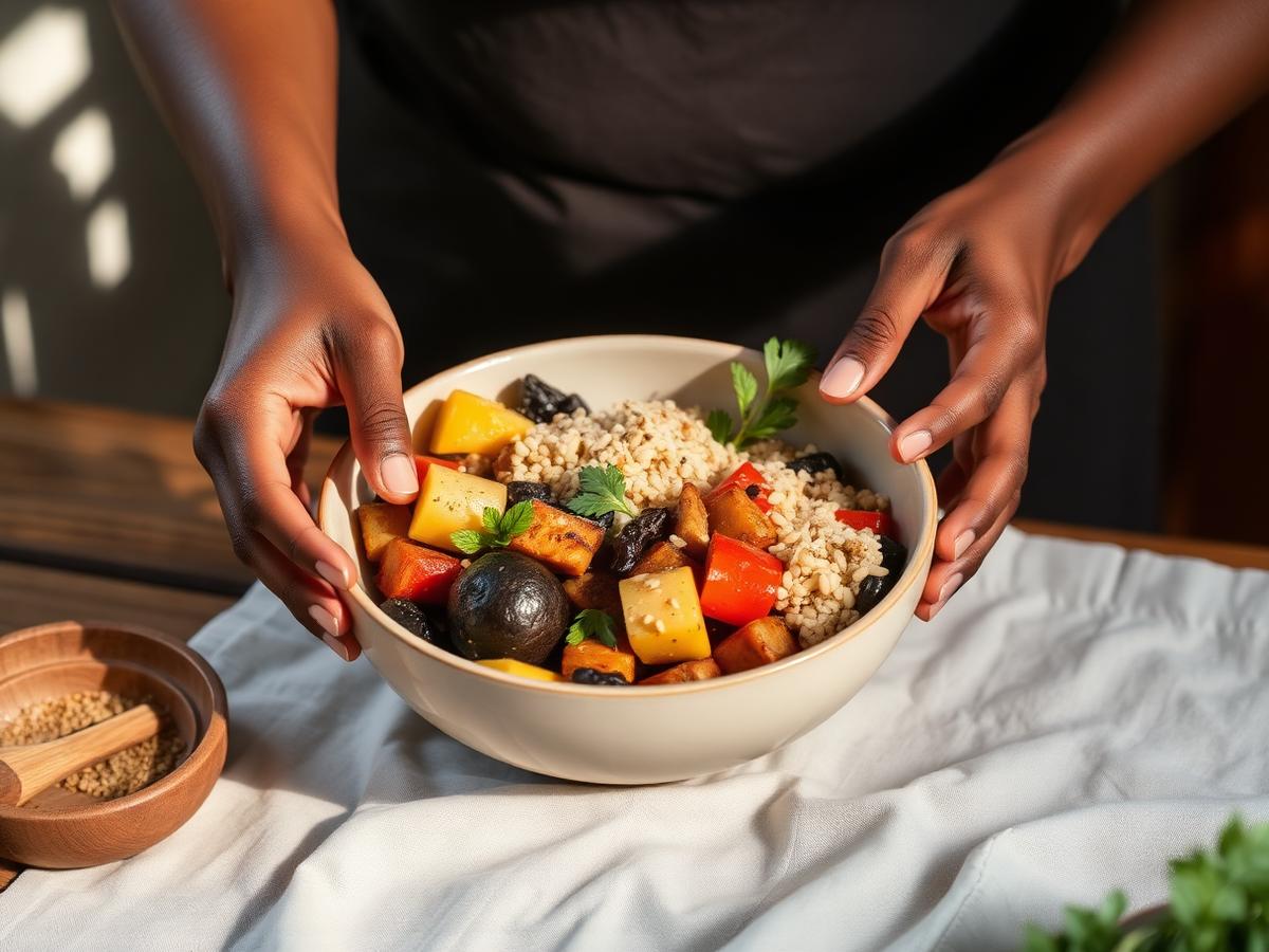 Hands presenting a bowl of nourishing whole foods