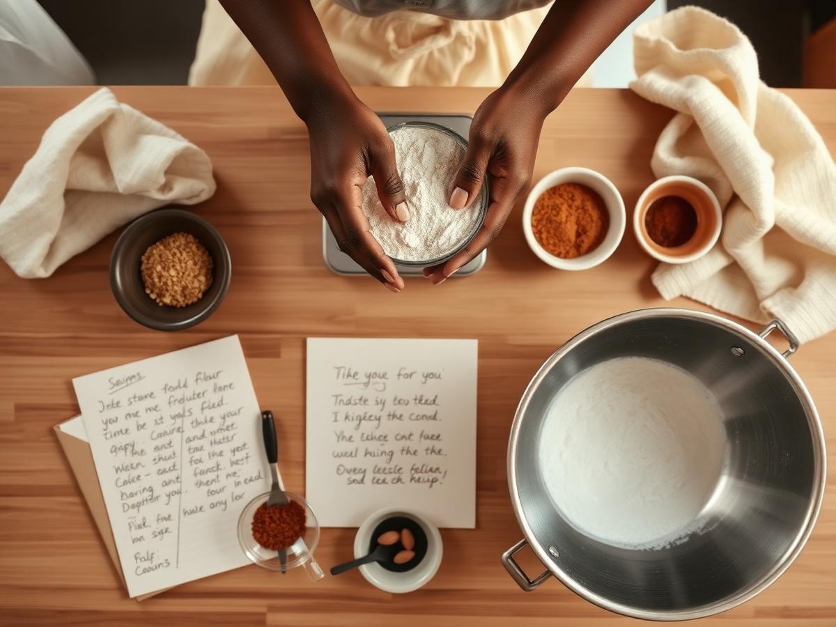 Recipe development workspace with flour, notes, and mixing bowl