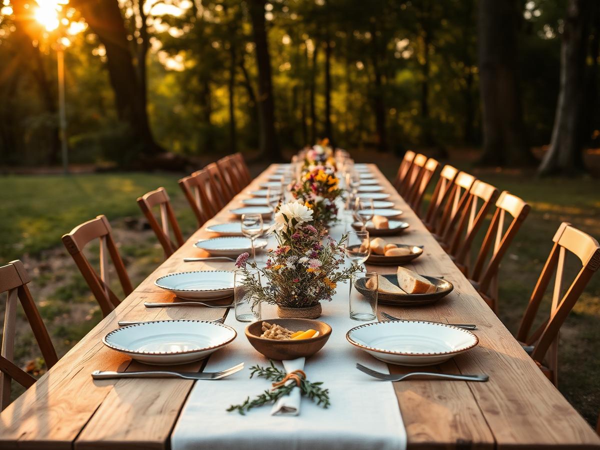 Long shared table set for a communal outdoor meal