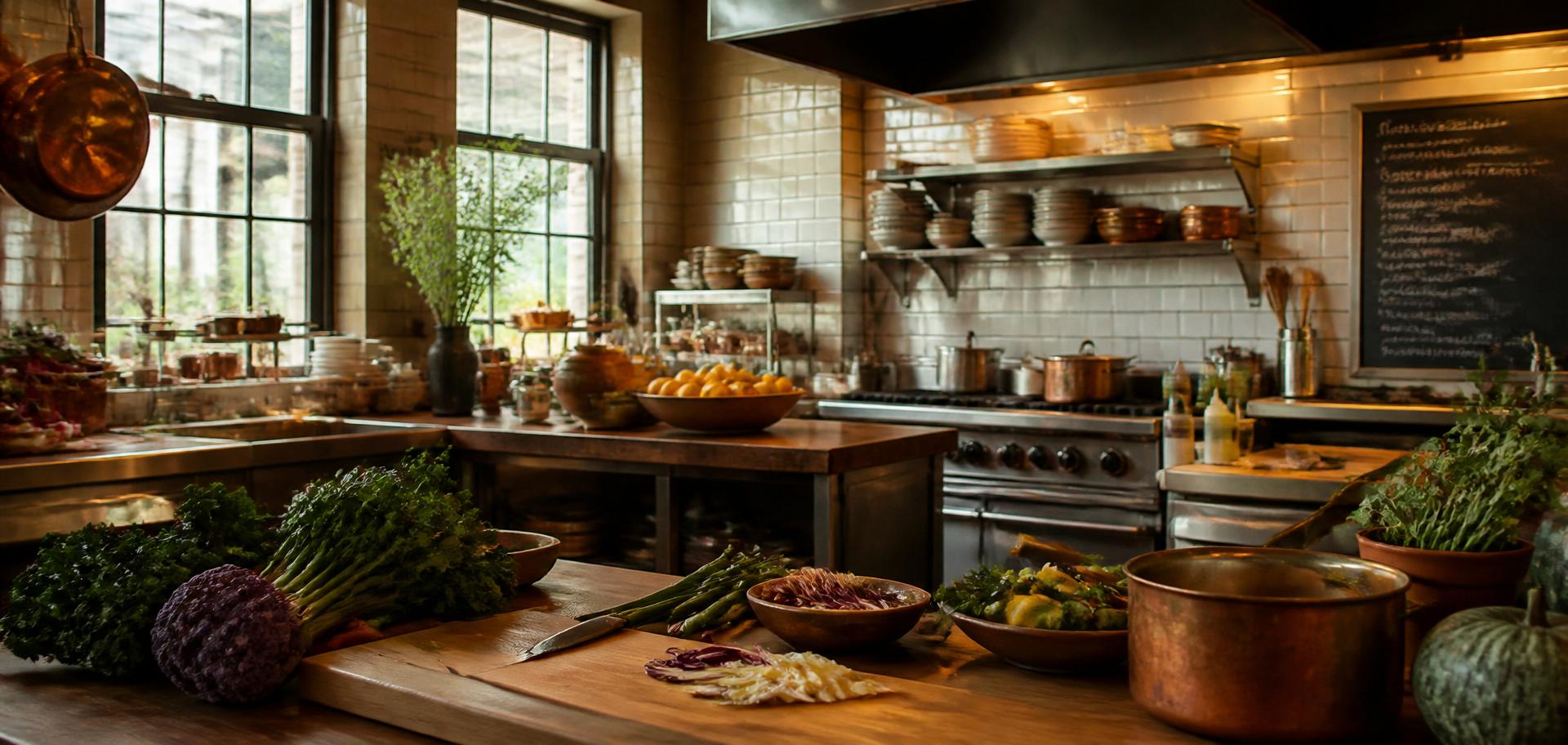Warm editorial back-of-house kitchen scene with prep stations and fresh ingredients