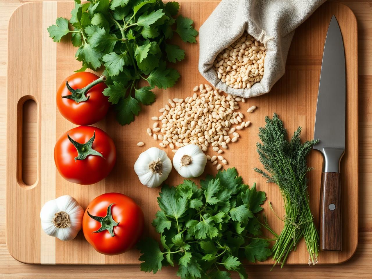 Fresh whole ingredients on a wooden cutting board